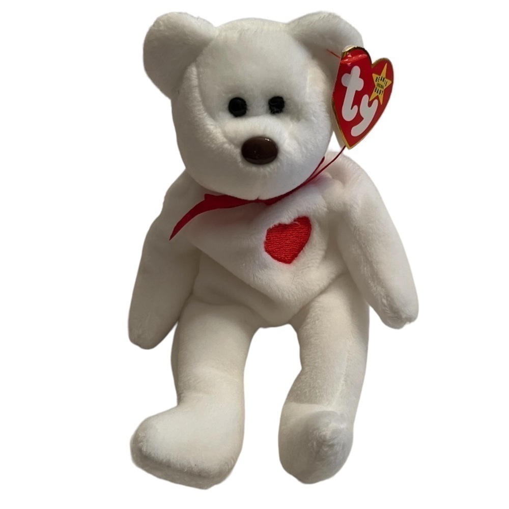 TY Beanie Babies Valentino the Bear Retired White Teddy Bear w/ Red Heart Tag